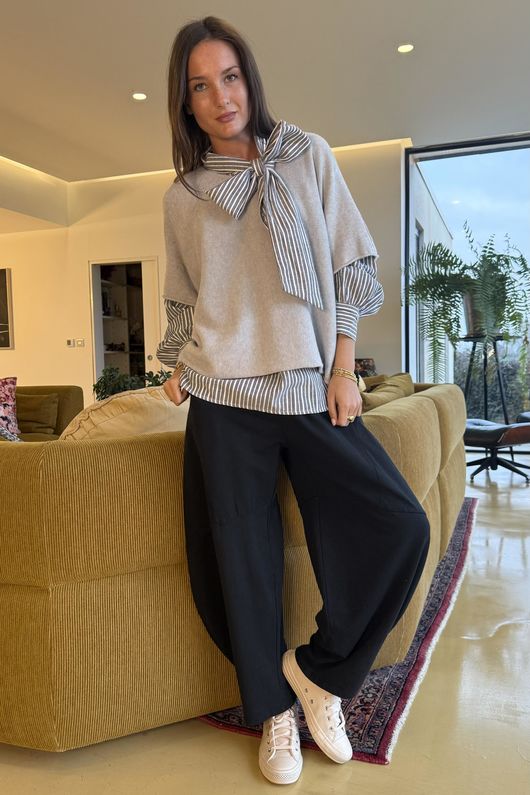 Nantucket Stripe Tie Neck Blouse Charcoal